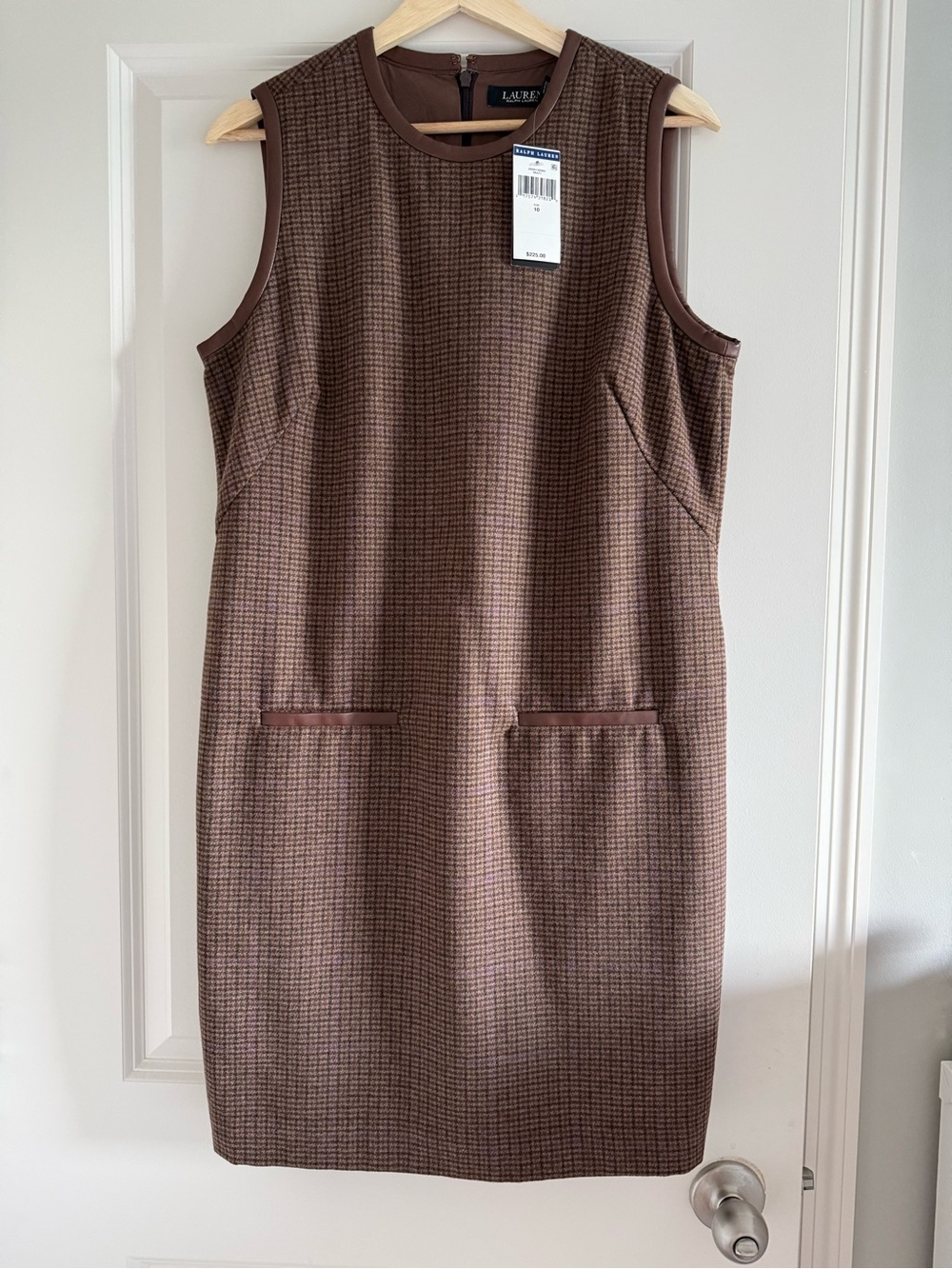 NWT Lauren Ralph Lauren Leather Trimmed Checkered Wool Blend Shift Dress Size 10